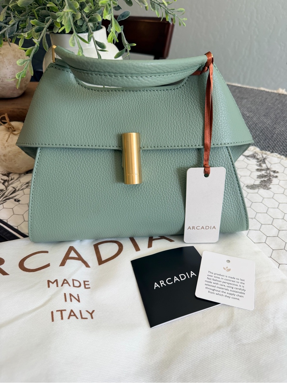 Arcadia Mint Green Leather Satchel with Gold-Tone Clasp